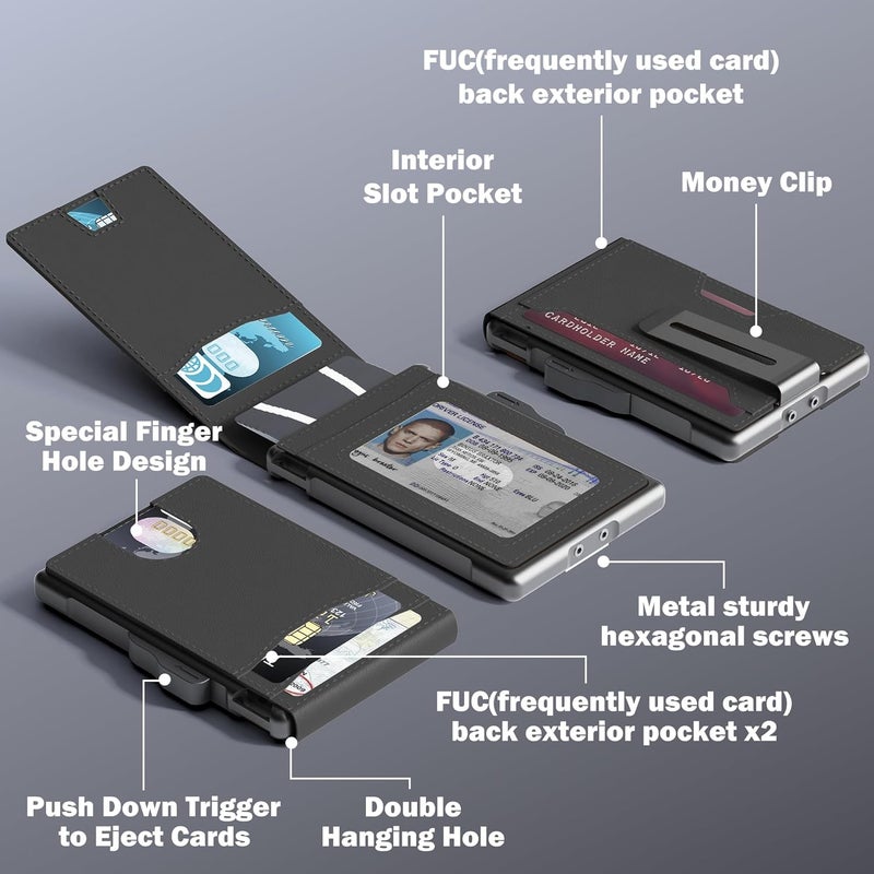 umoven محفظة للرجال - محفظة جلدية رفيعة مع تقنية حجب RFID، محفظة قابلة للطي مع حامل بطاقات معدني، مشبك نقود، فتحات بطاقات ائتمان - محفظة رجال، أسود داكن - Image 2